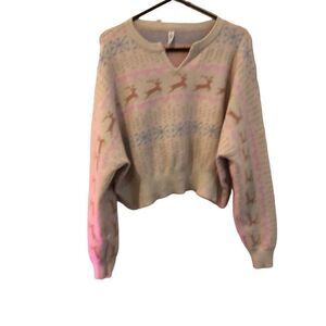 Cropped VNT Winter Holiday Retro Sweater—Cute!! Hearts, Snowflakes, Reindeer 💕